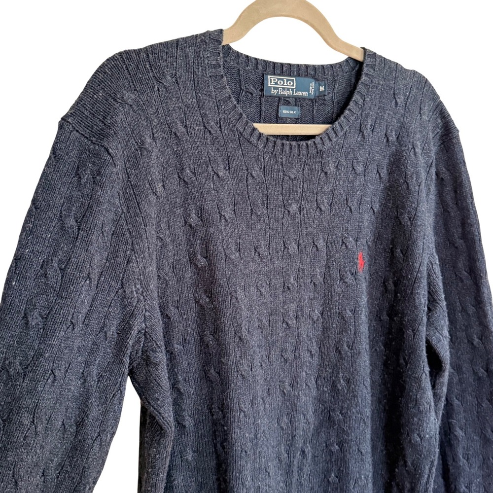 Polo Ralph Lauren Mens Navy Blue 100% Silk Cable Knit Crew Neck Sweater Medium